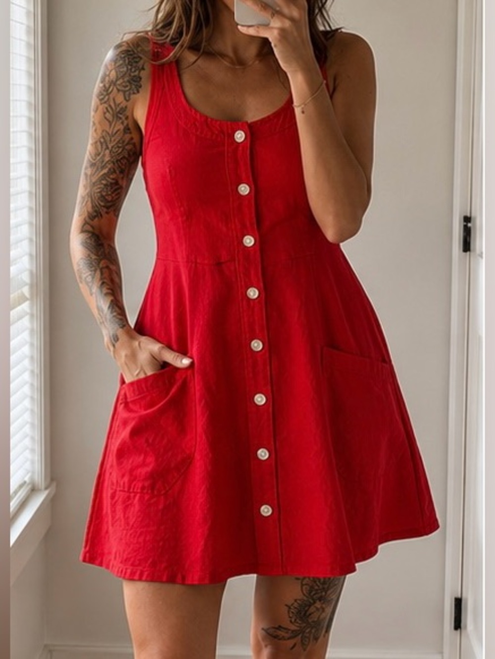LOFT mini Bright Red Button-Front Tank Dress with Pockets